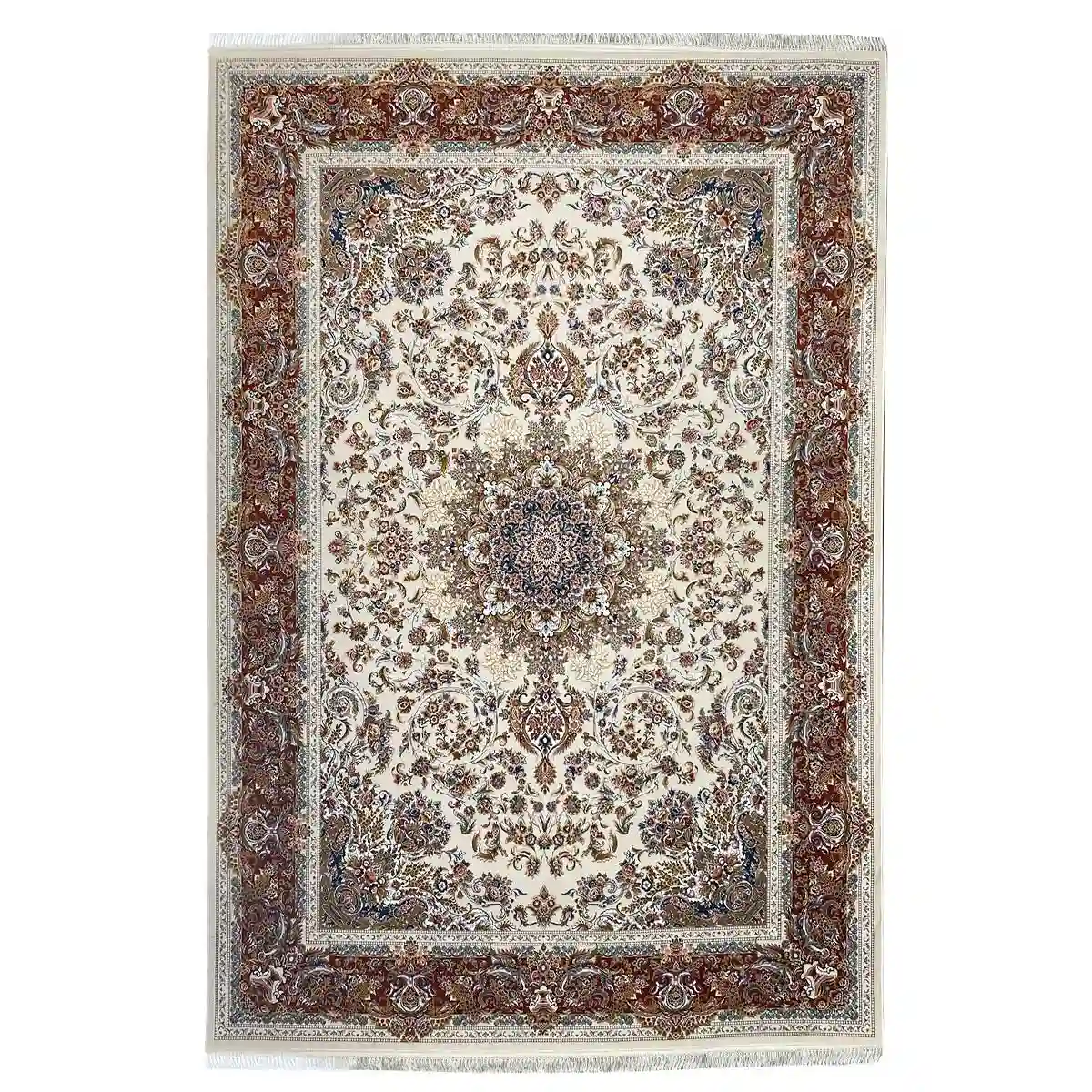 فرش 1200 شانه 9 متری سوفیا مدل آیناز کرم حاشیه مسی فرش 1200 شانه 9 متری سوفیا مدل آیناز کرم حاشیه مسی